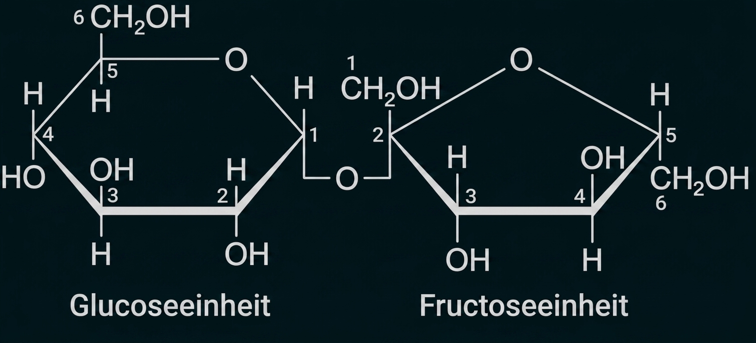 Schematische Ringstrukturen von Glucose- und Fructoseeinheiten mit OH-Gruppen und Positionsnummern